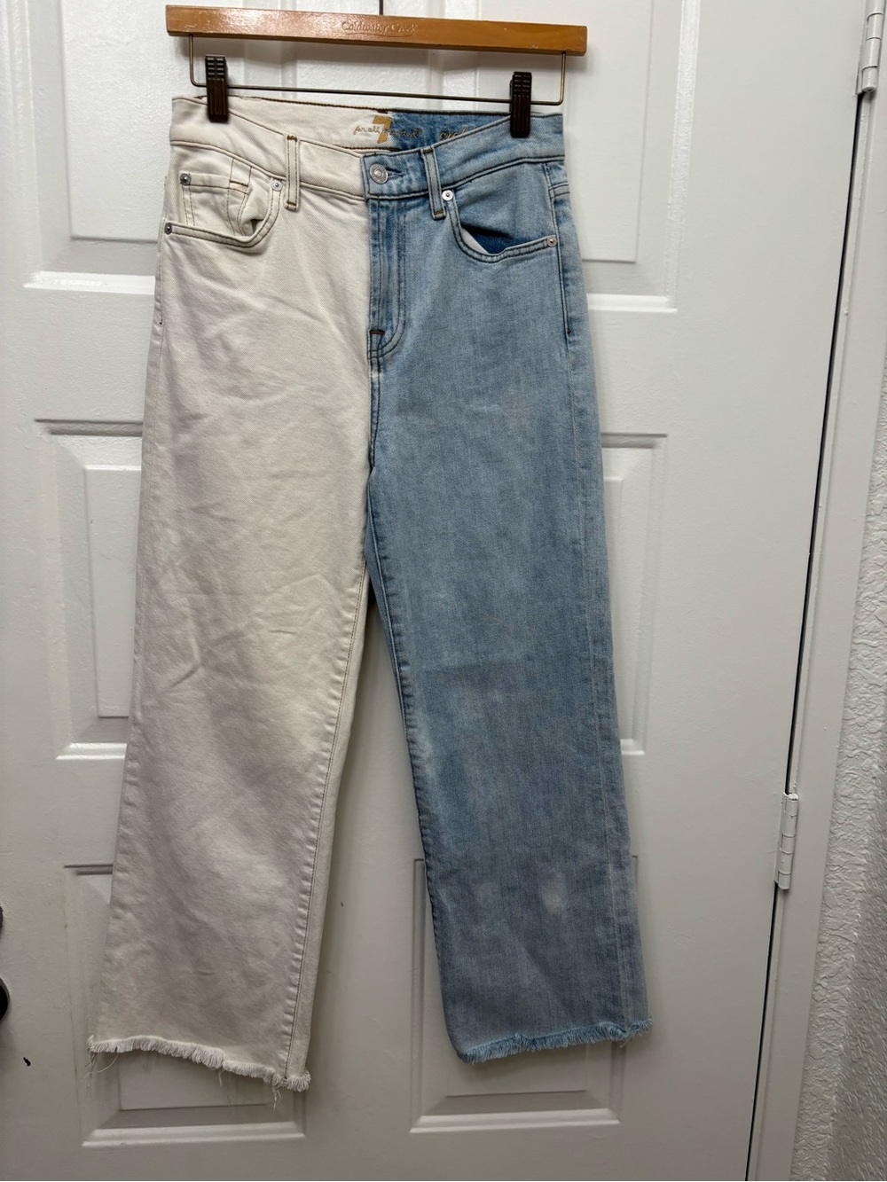 7 For All Mankind Two-Tone Straight Leg Jeans in White and Light Blue